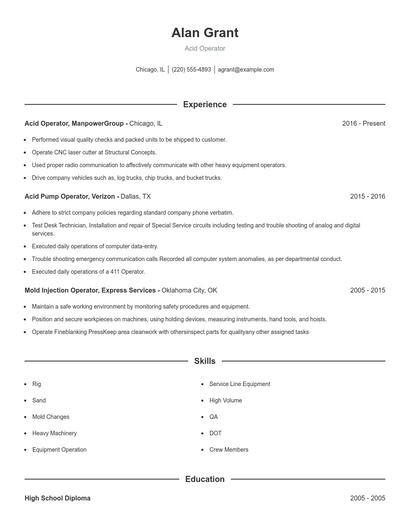 Acid Operator Resume