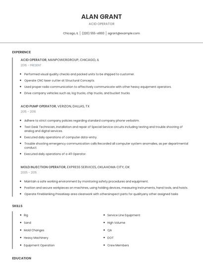 Acid Operator Resume