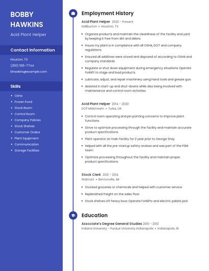 Acid Plant Helper Resume