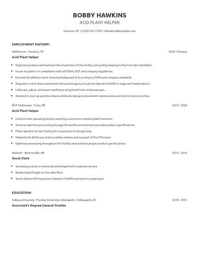 Acid Plant Helper Resume