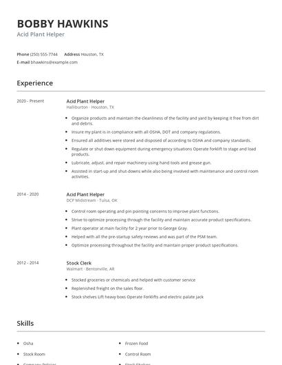 Acid Plant Helper Resume