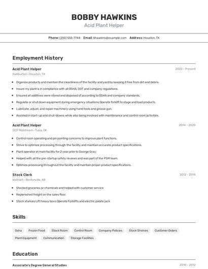 Acid Plant Helper Resume