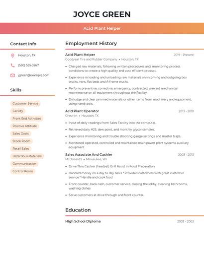 Acid Plant Helper Resume