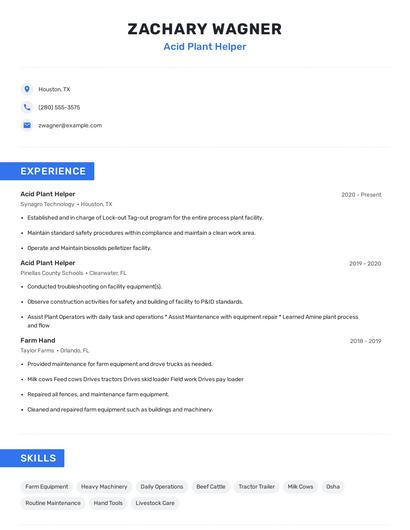 Acid Plant Helper Resume
