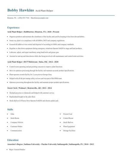Acid Plant Helper Resume