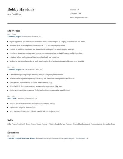 Acid Plant Helper Resume