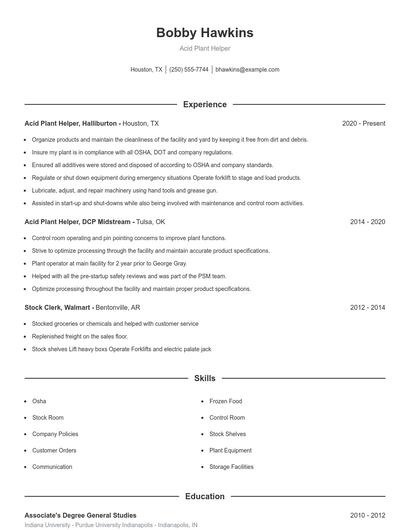 Acid Plant Helper Resume