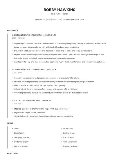 Acid Plant Helper Resume