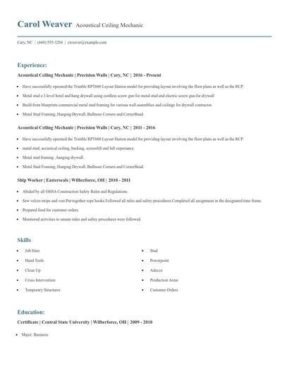 Acoustical Ceiling Mechanic Resume