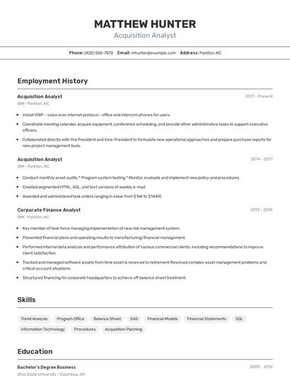 Acquisition Analyst Resume