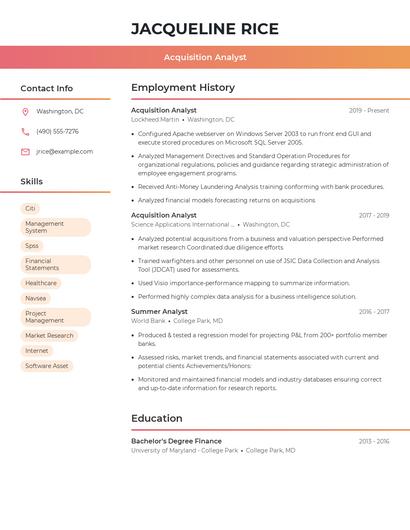 Acquisition Analyst Resume