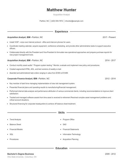 Acquisition Analyst Resume