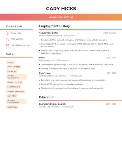 Acquisitions Editor Resume