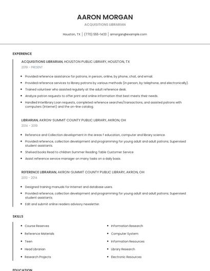 Acquisitions Librarian Resume