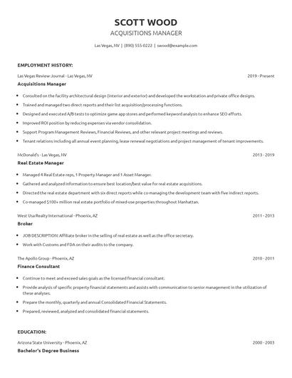 Acquisitions Manager Resume