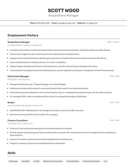 Acquisitions Manager Resume