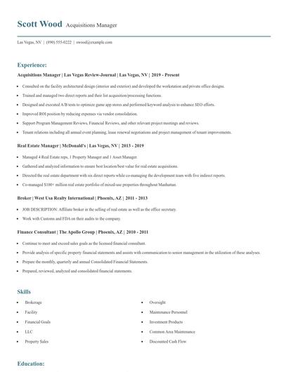 Acquisitions Manager Resume