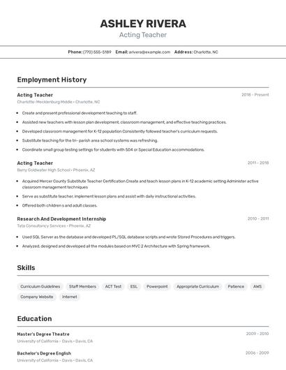 Acting Teacher Resume