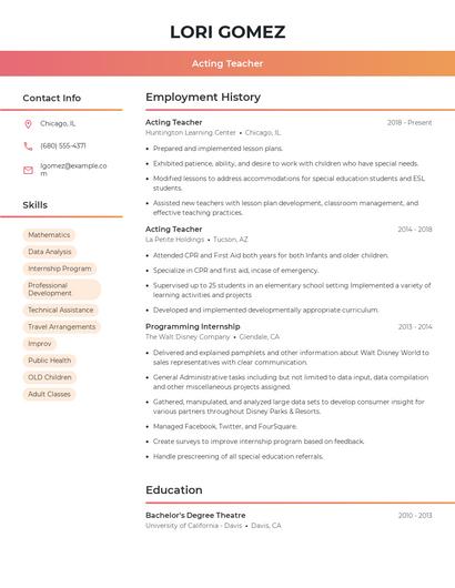 Acting Teacher Resume