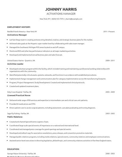 Activations Manager Resume