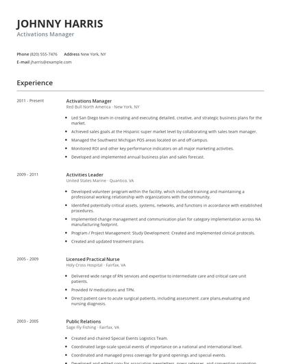 Activations Manager Resume
