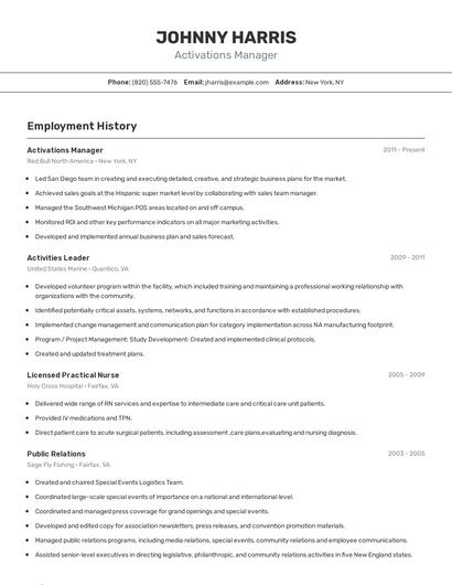 Activations Manager Resume