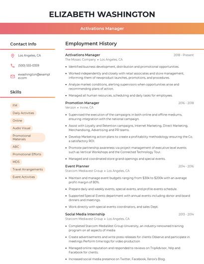 Activations Manager Resume