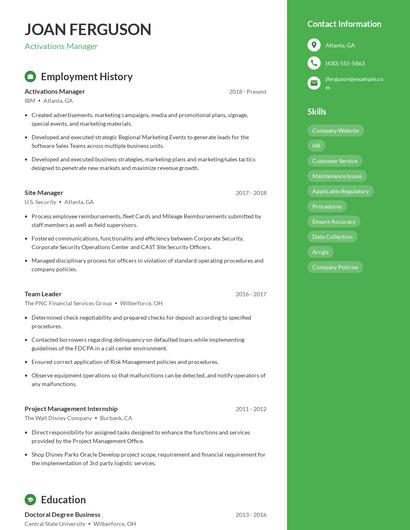 Activations Manager Resume