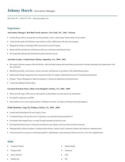 Activations Manager Resume