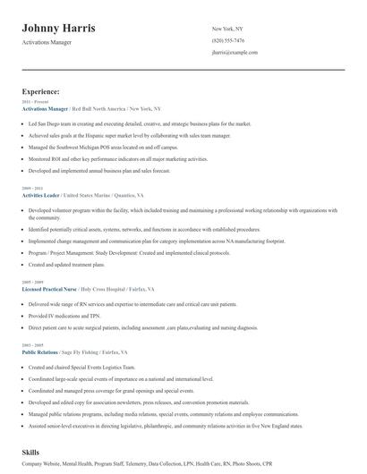 Activations Manager Resume