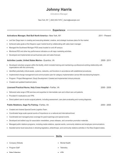 Activations Manager Resume