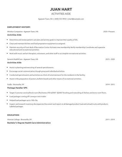 Activities Aide Resume