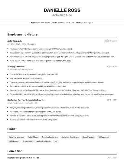Activities Aide Resume