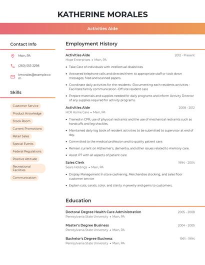 Activities Aide Resume
