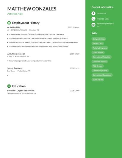 Activities Aide Resume