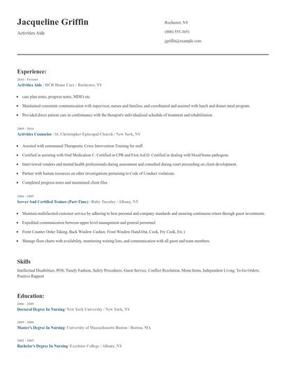 Activities Aide Resume