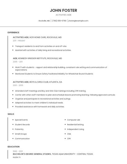 Activities Aide Resume