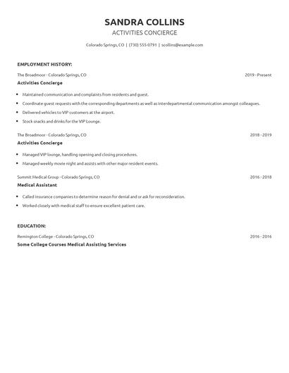 Activities Concierge Resume