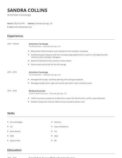 Activities Concierge Resume