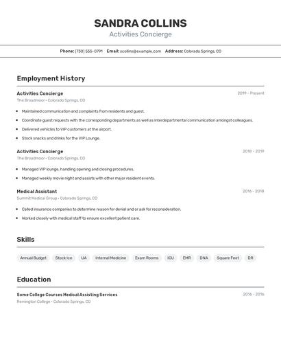 Activities Concierge Resume