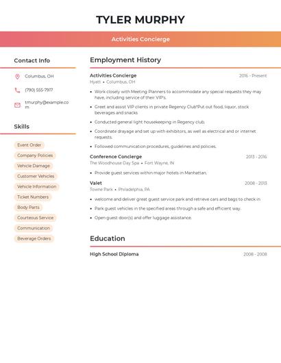 Activities Concierge Resume