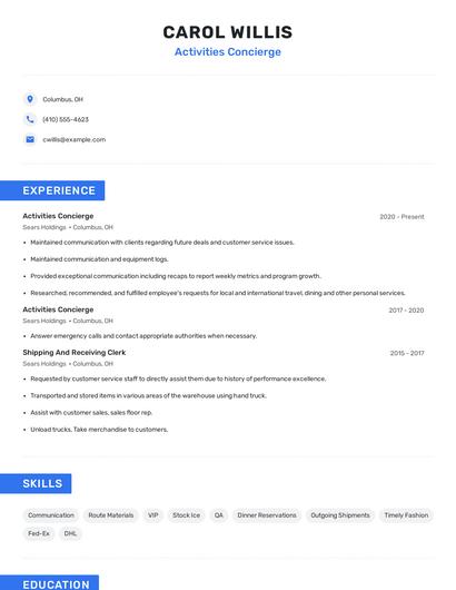 Activities Concierge Resume