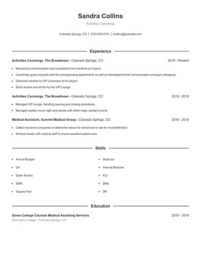 Activities Concierge Resume