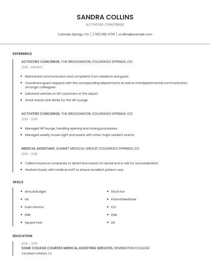Activities Concierge Resume