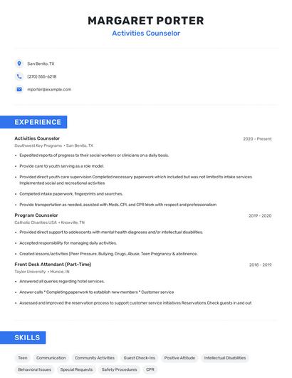 Activities Counselor Resume