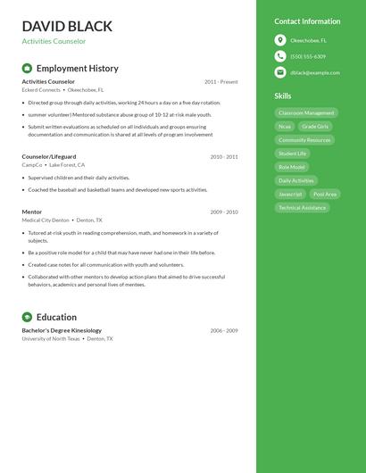 Activities Counselor Resume