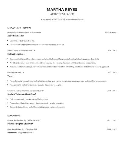 Activities Leader Resume