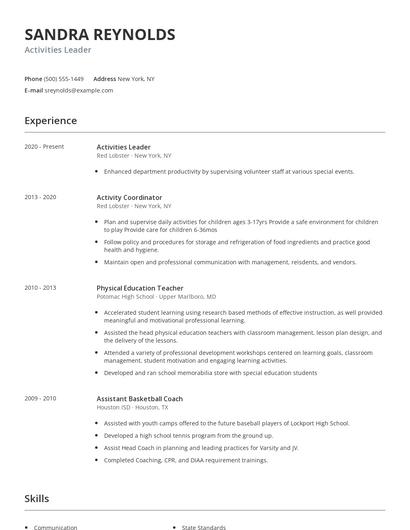 Activities Leader Resume