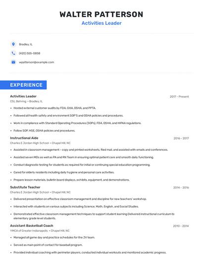 Activities Leader Resume