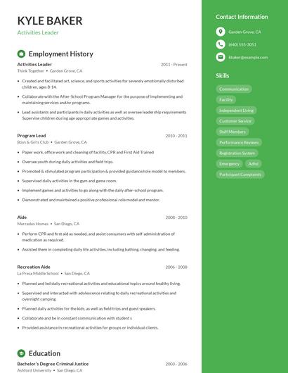 Activities Leader Resume
